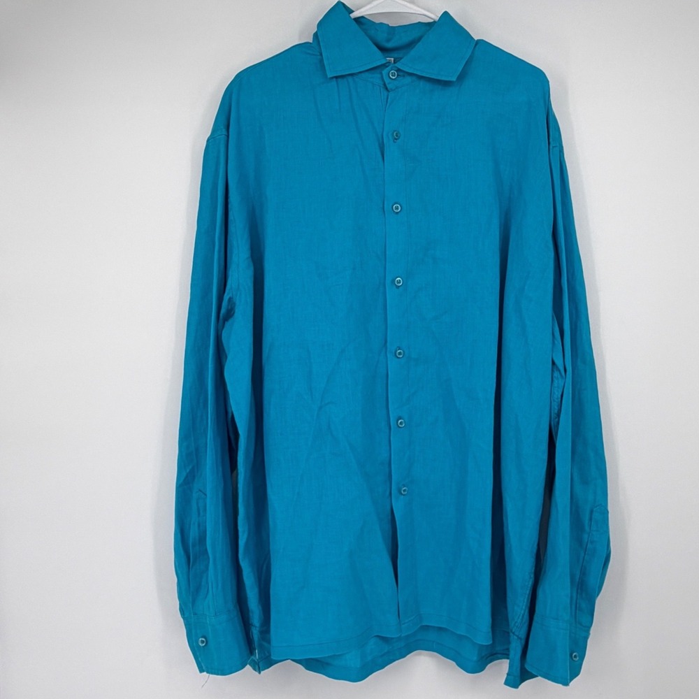 sland Importer Shirt Mens XXL Turquoise Linen Blend Button Up Made USA